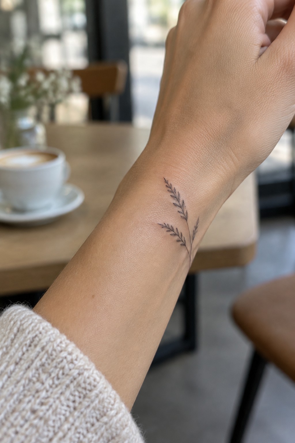 Wrist with delicate leafy branch tattoo, cream knit sweater, coffee cup on table