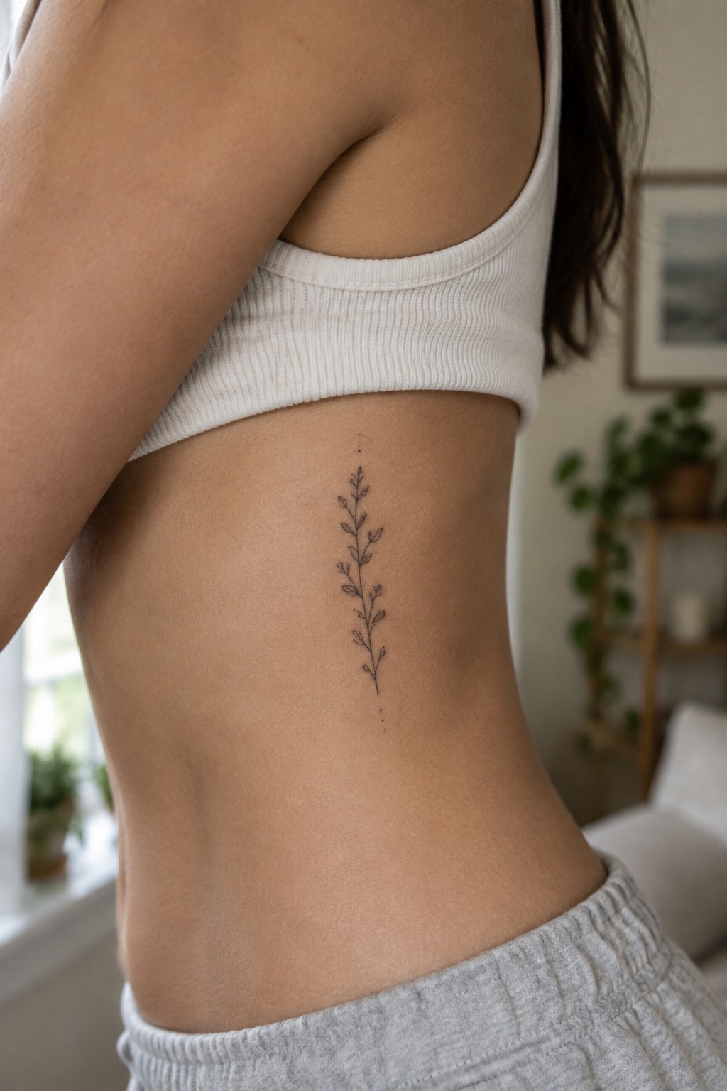 Woman's torso with delicate vine tattoo on ribs, in white crop top and gray pants