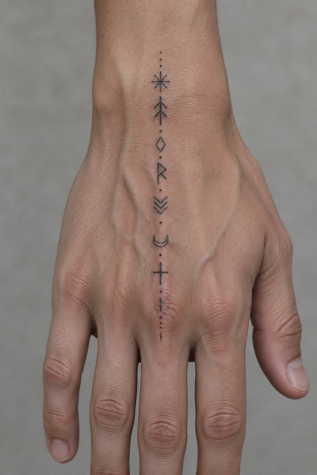 Hand with vertical black tattoo of star, arrows, moon, cross and symbols.