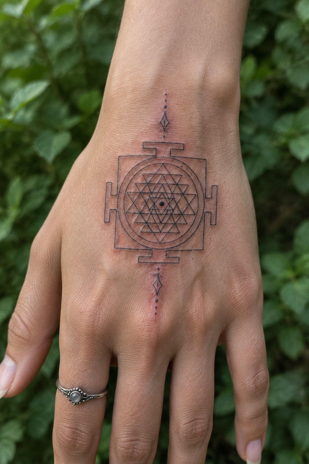 Hand with detailed Sri Yantra mandala tattoo and silver gemstone ring on greenery.