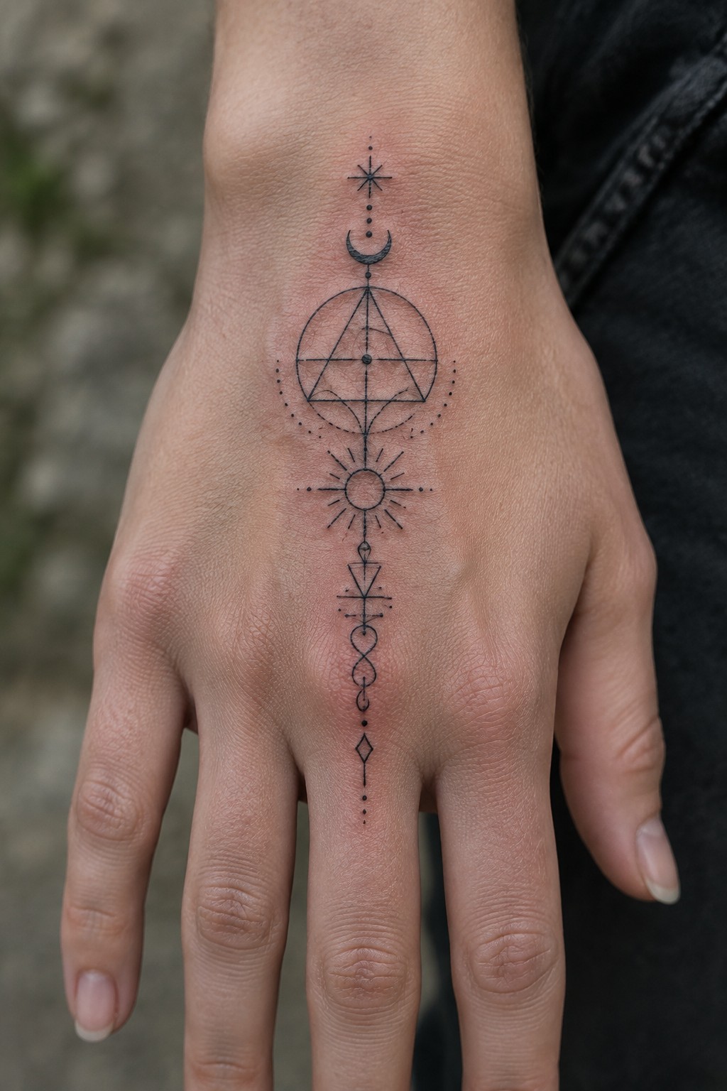 Hand with vertical black tattoo of celestial symbols, moon, sun, and sacred geometry.