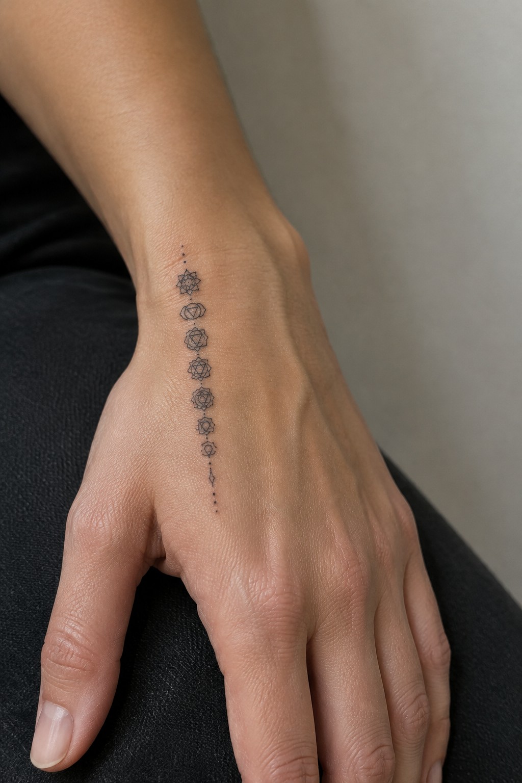 Hand on black fabric with vertical row of chakra symbol tattoos on inner wrist.