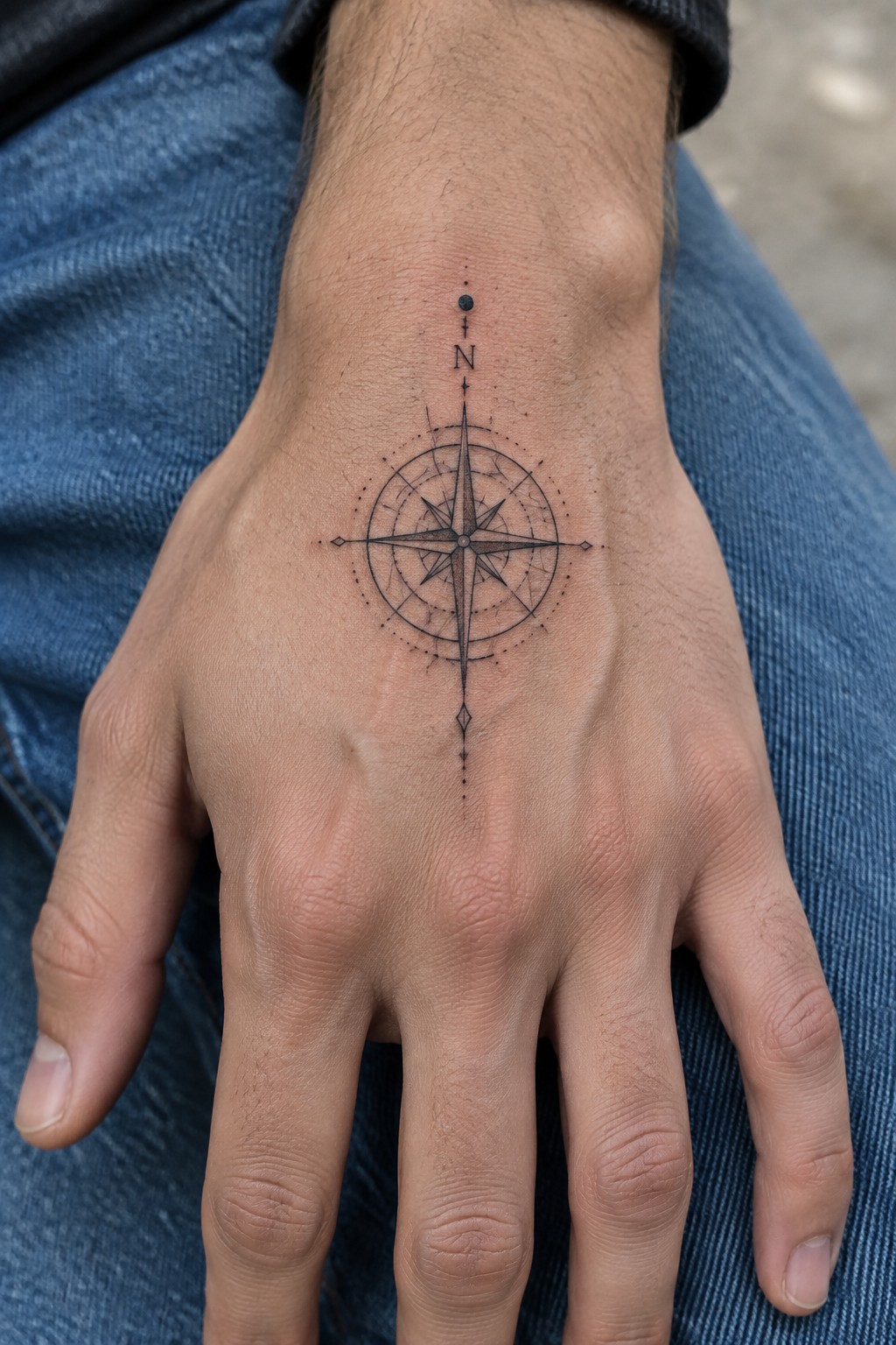 Compass rose tattoo on hand resting atop blue denim jeans