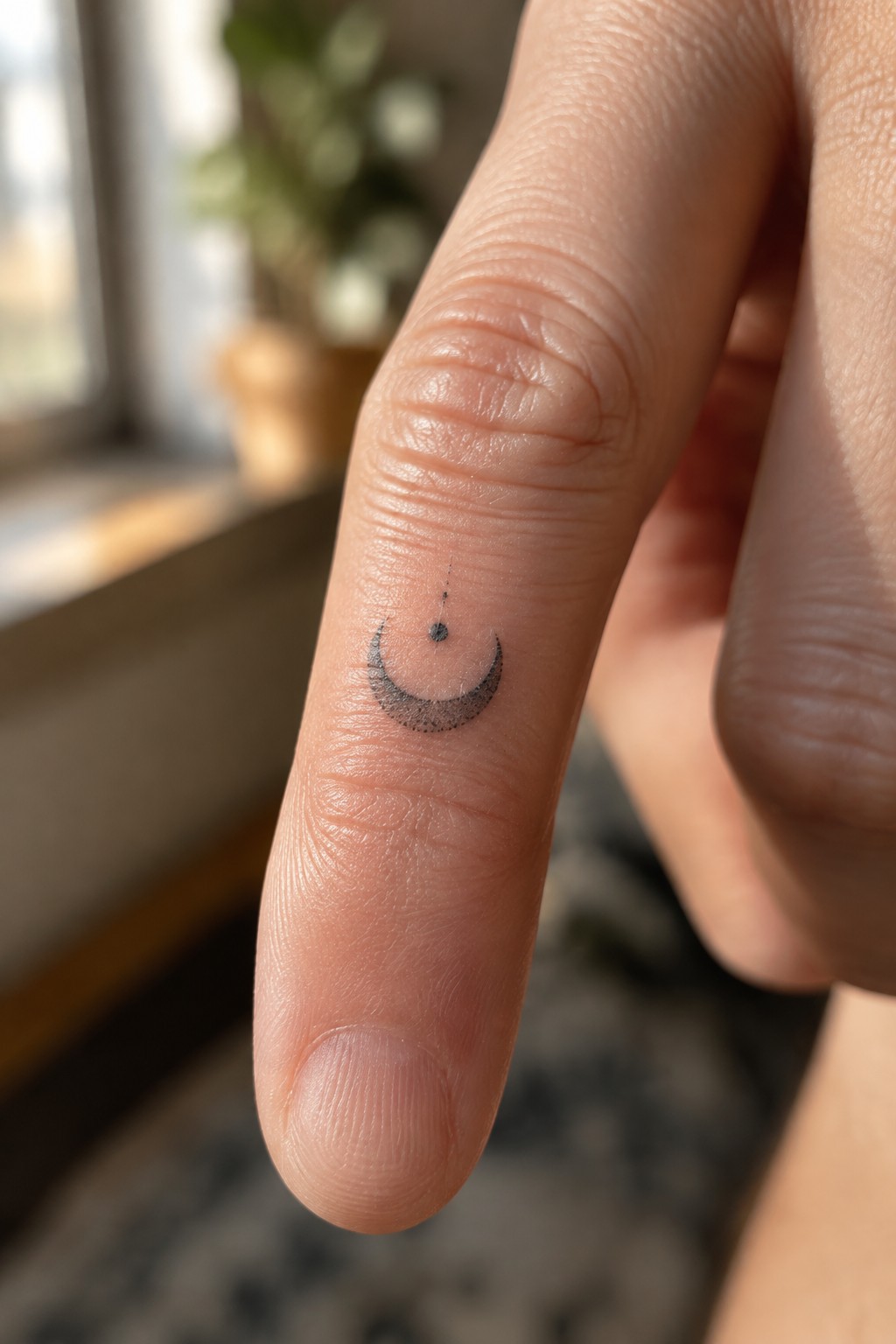 Close-up of finger with small black crescent moon tattoo and dot above it.