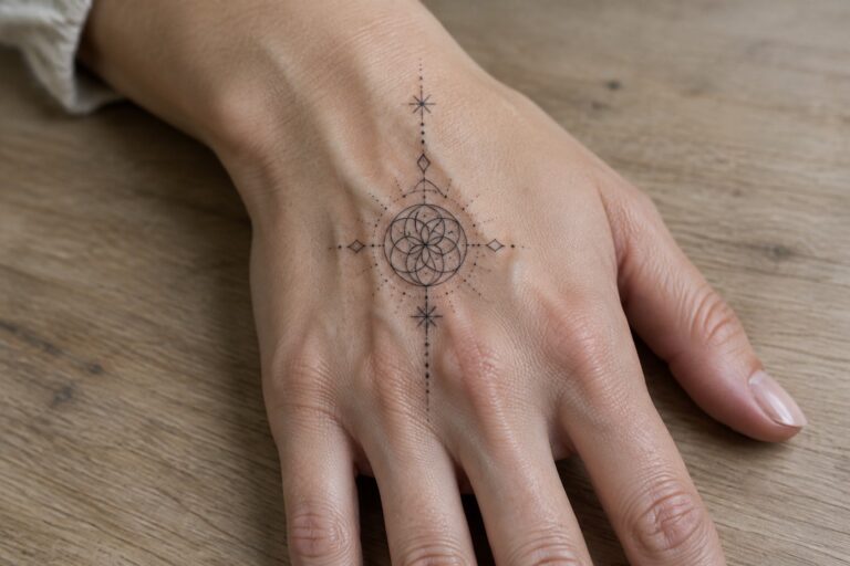 22 Modern Spiritual Hand Tattoos for Women Featuring Minimal Sacred Linework Minimal linework mandala tattoo centered on the back of a hand with geometric circles and vertical dots extending along the skin.