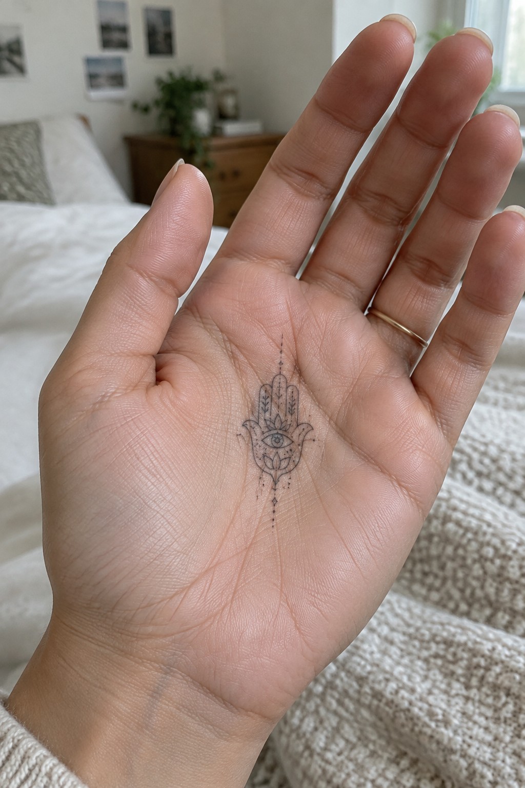 Open palm with detailed Hamsa eye tattoo and thin gold ring