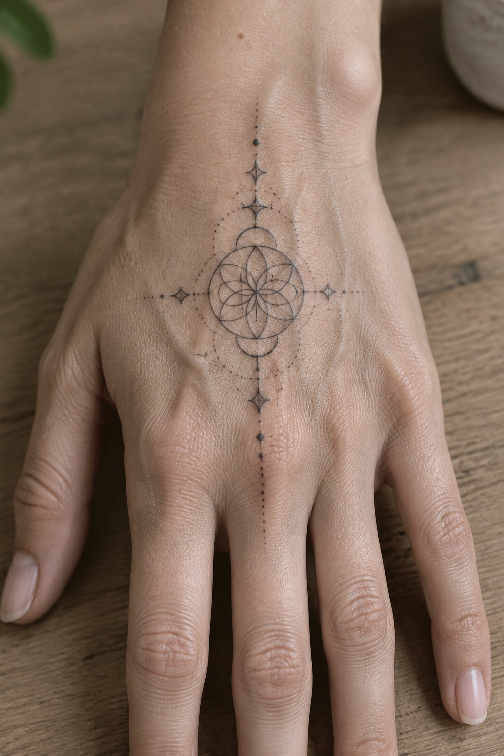 Minimal linework mandala tattoo centered on the back of a hand with geometric circles and vertical dots extending along the skin.