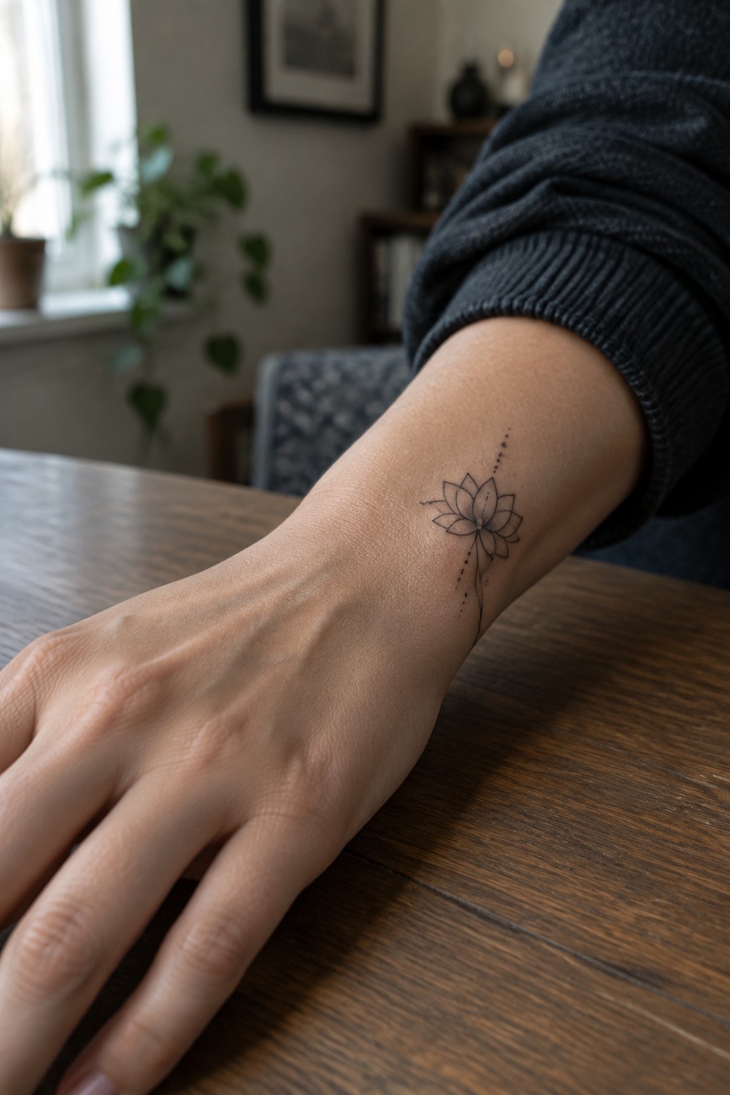 Light hand with lotus flower wrist tattoo resting on wooden table, dark gray sleeve.