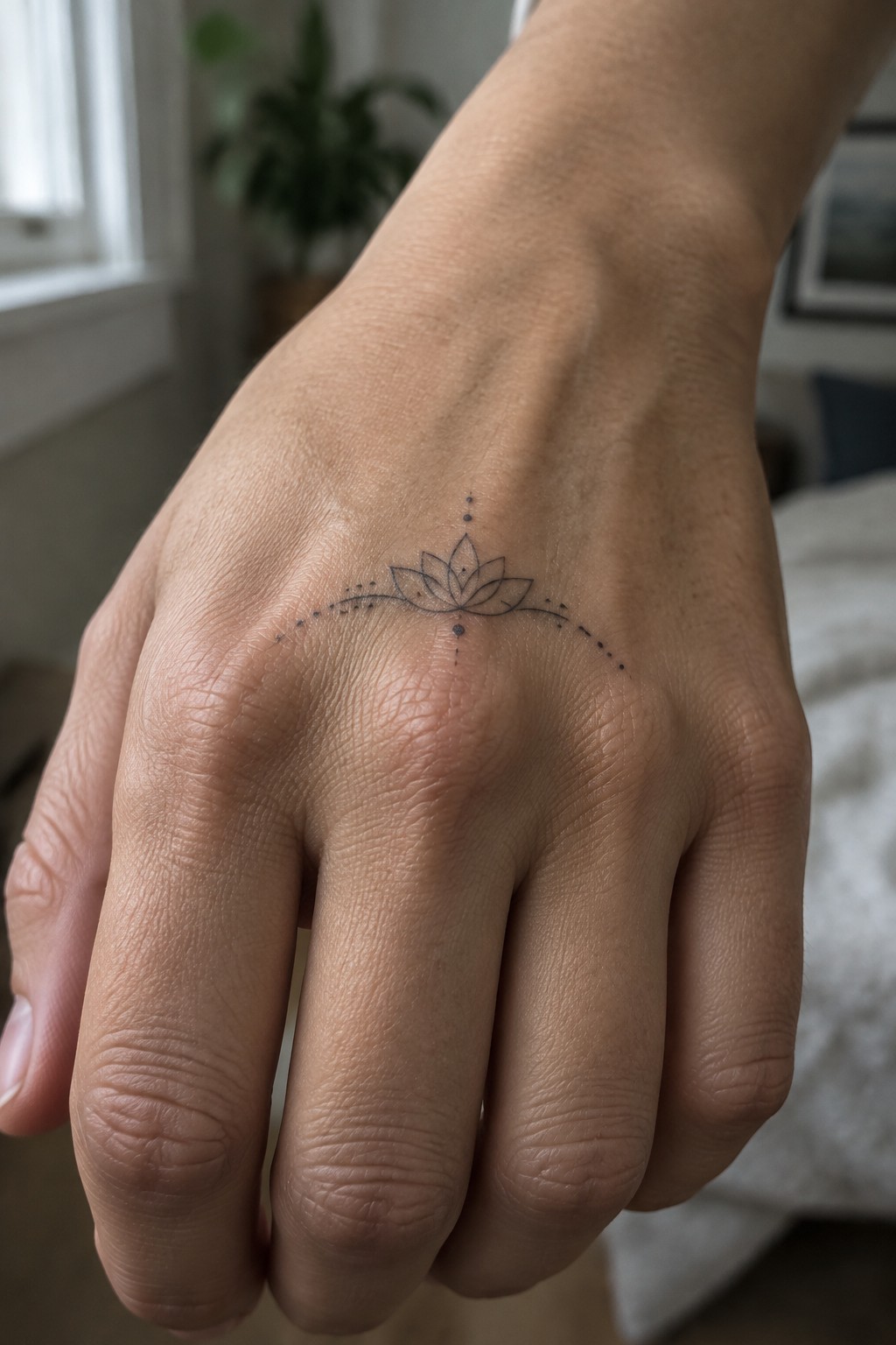 Hand with black lotus tattoo and dotted arcs across skin