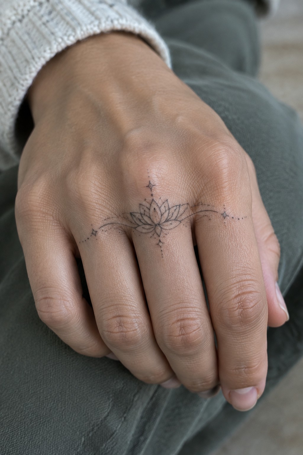 Hand with lotus tattoo and stars, light sweater cuff, green pants visible