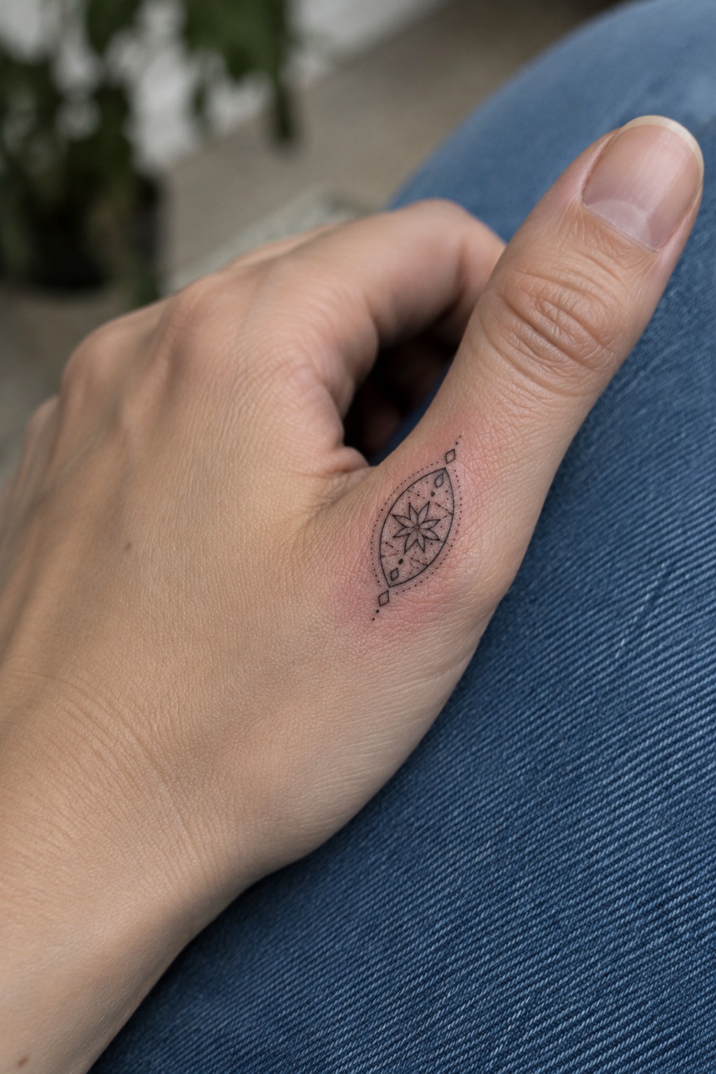 Hand with intricate black geometric tattoo on index finger resting on blue denim.