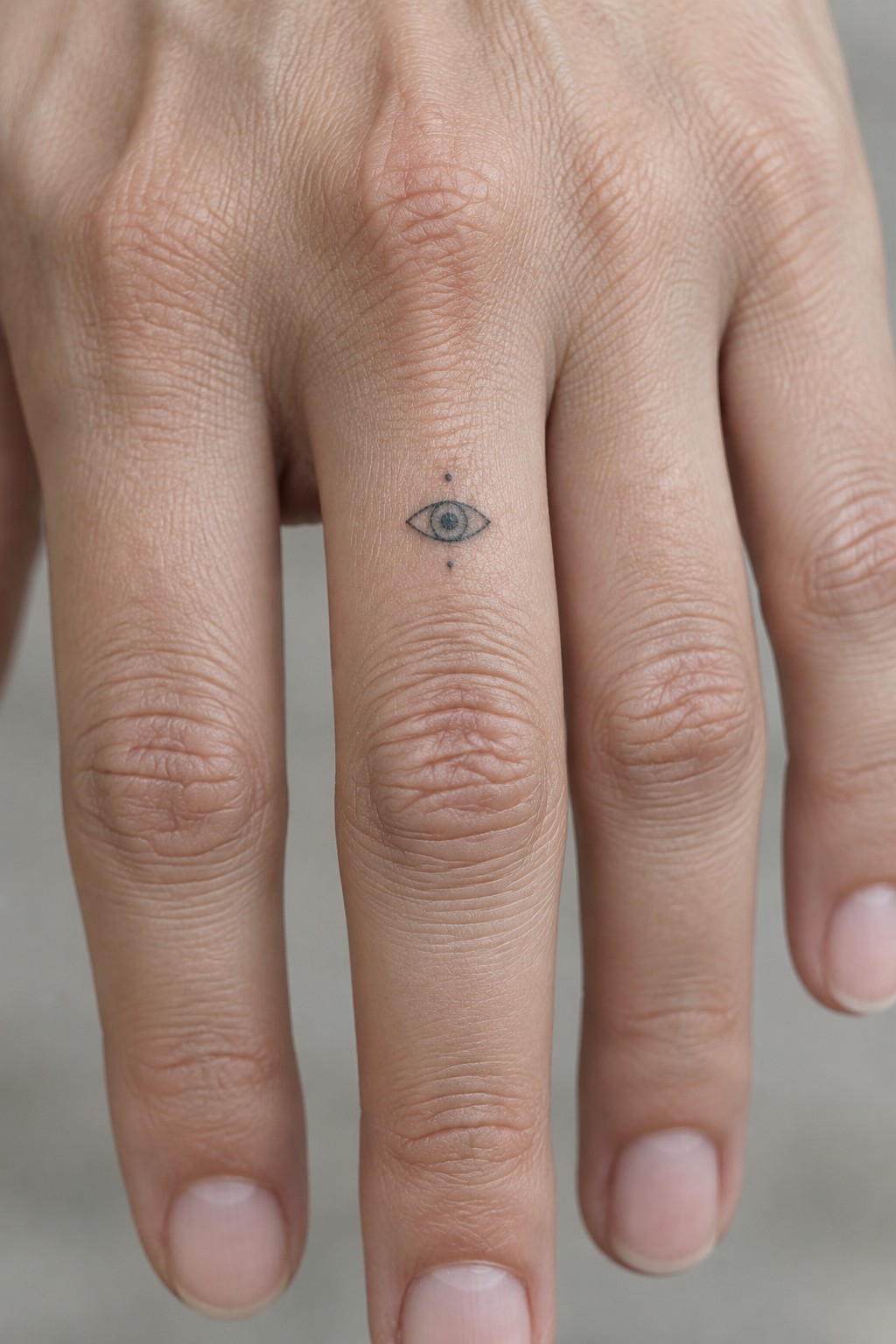 Small minimalist eye tattoo on the side of a finger with simple linework and dots above and below