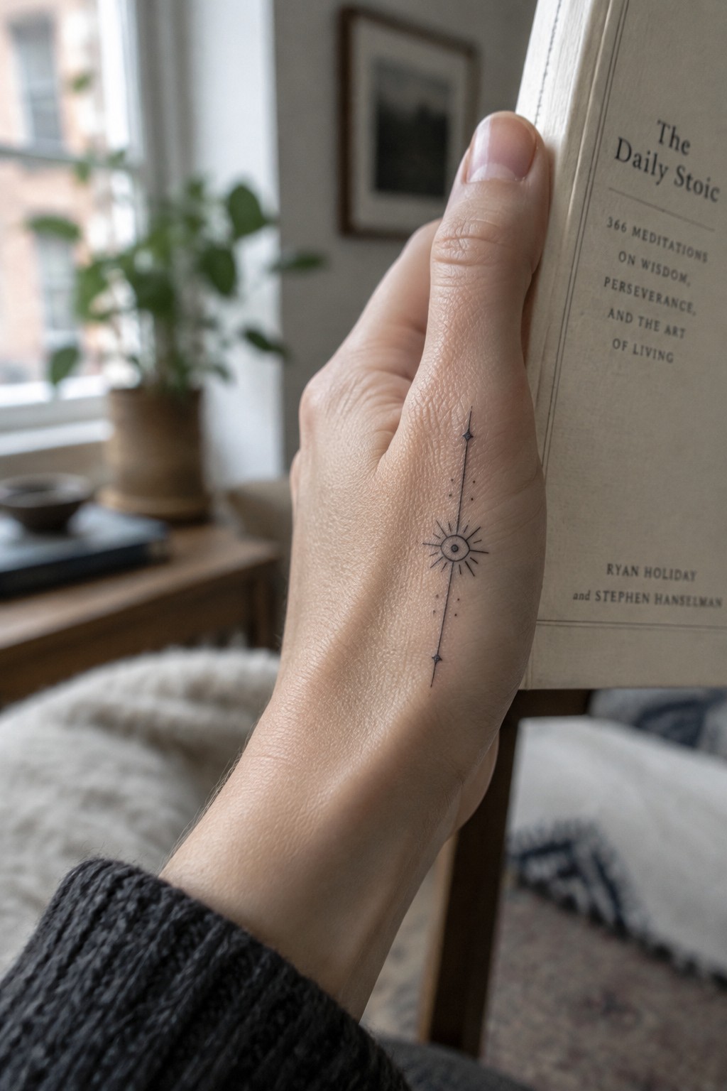 Hand with sun tattoo holding The Daily Stoic book in dark sleeve