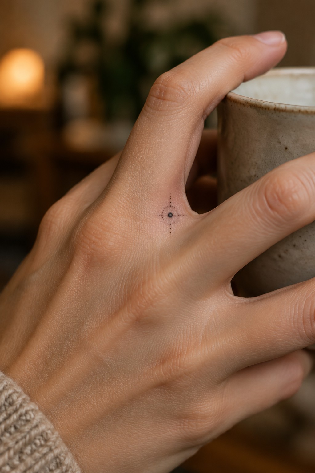 Hand with small dot tattoo holding speckled ceramic mug, knitted sleeve visible