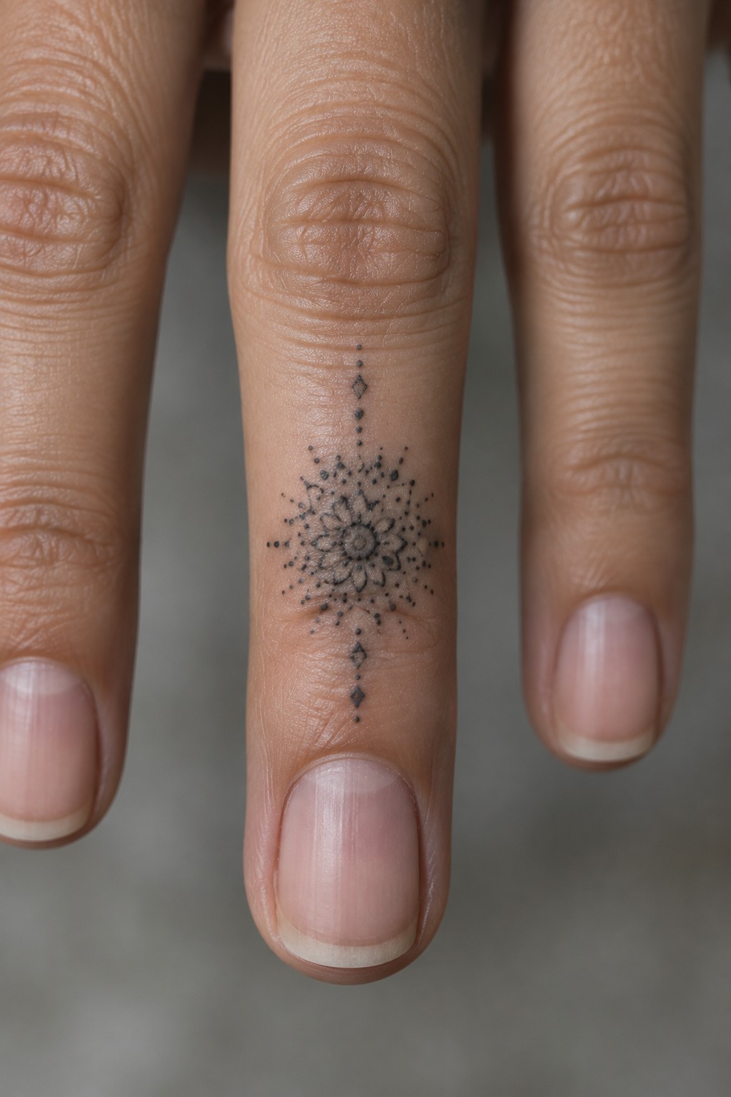 Intricate black dotwork mandala tattoo on a middle finger above the nail.