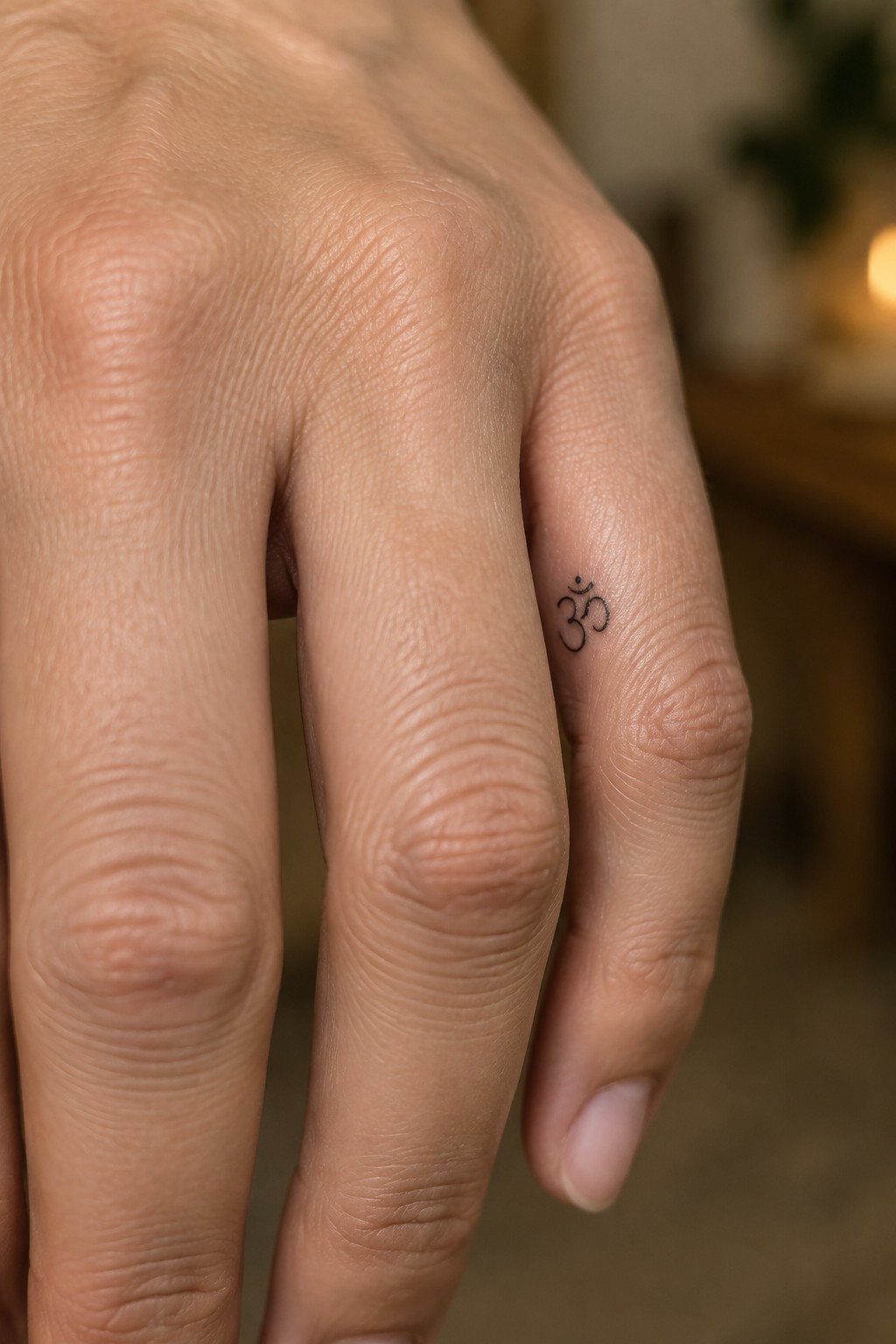 Close-up of a hand with a small black Om tattoo on the ring finger.