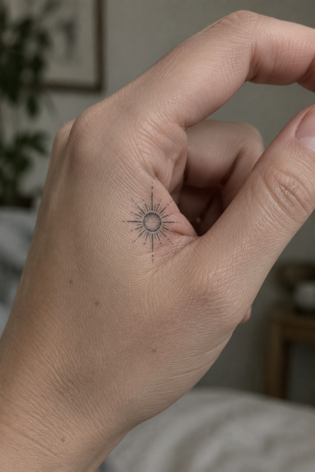 Small fine line sun tattoo on the side of a hand near the thumb base