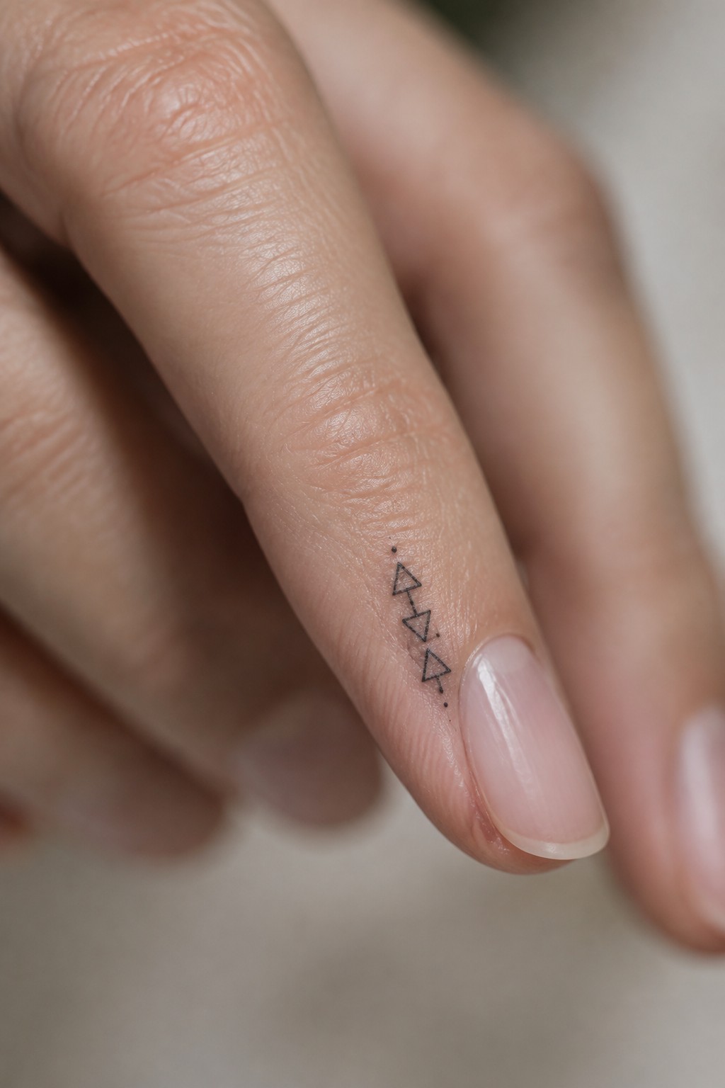 Finger with small black tattoo of three connected triangles and dots