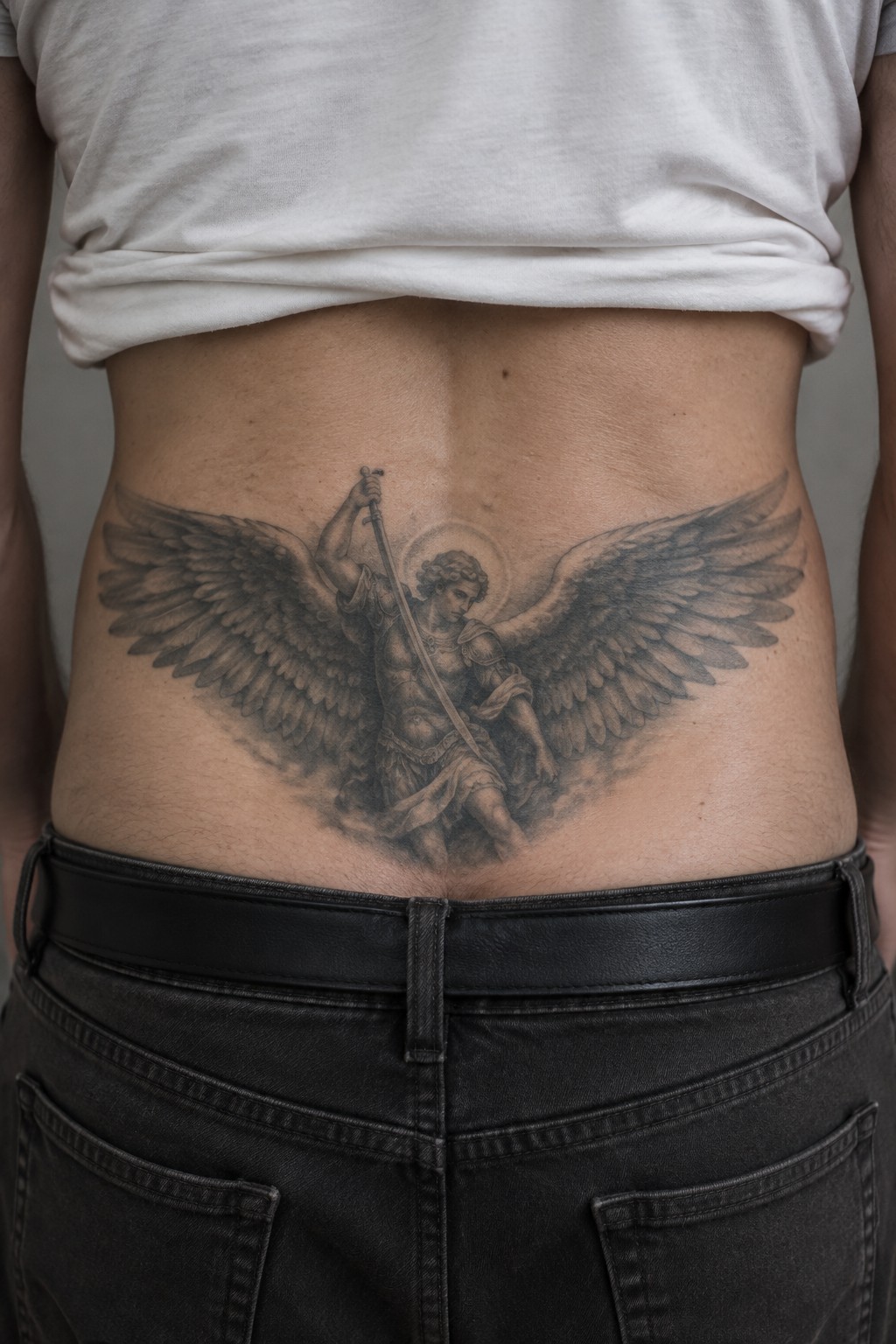 Black and gray angel tattoo with wings and sword on lower back below white t-shirt