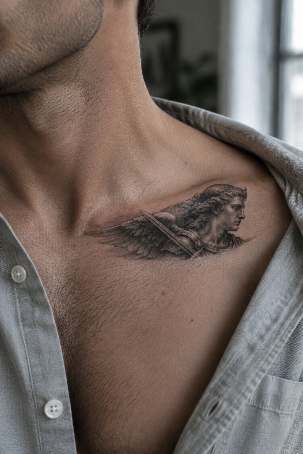 Black and gray realistic tattoo of archangel michael in profile with wings and sword on a man's upper chest