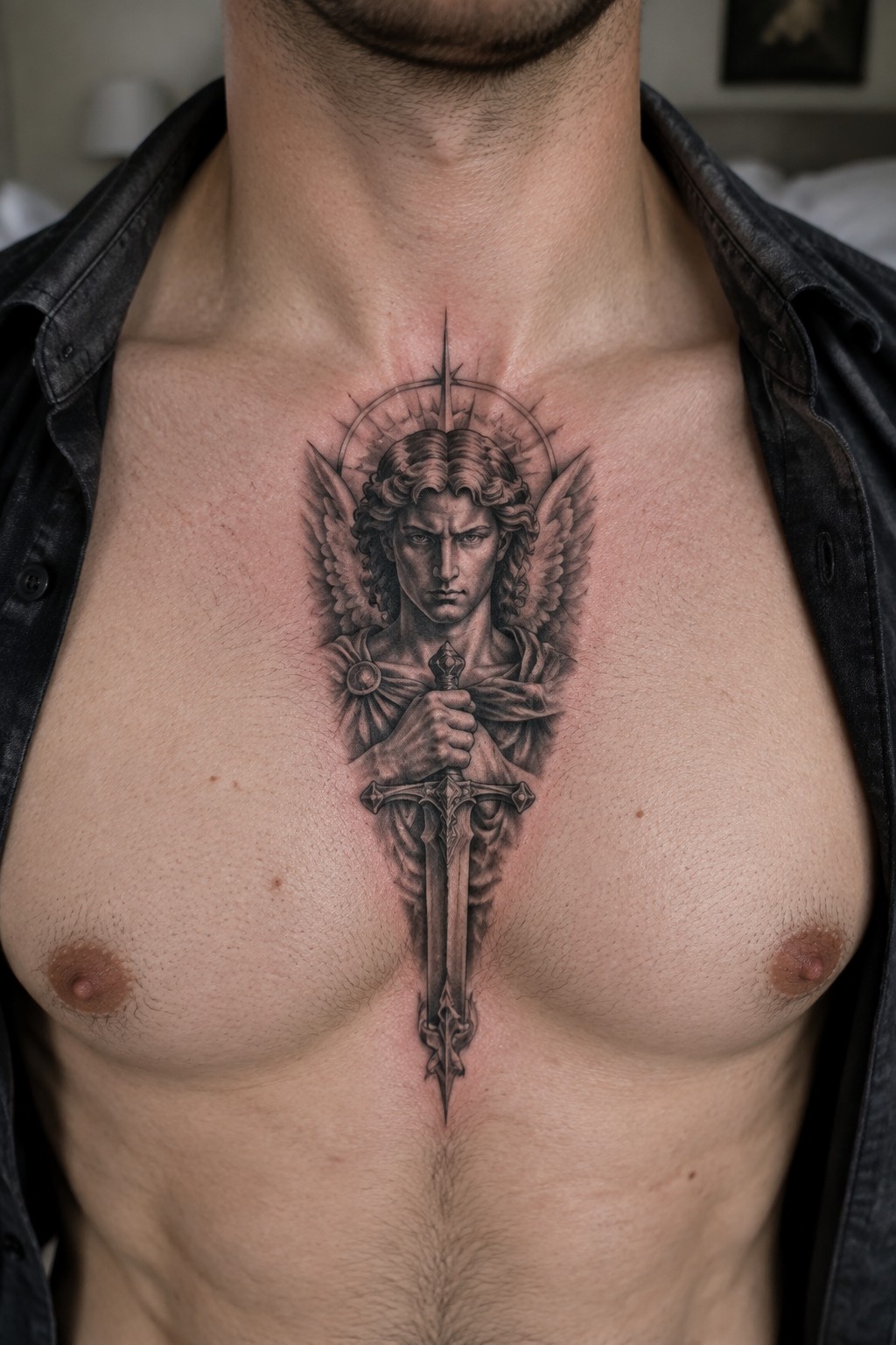 Bare-chested man in open black jacket with large angel sword tattoo on chest
