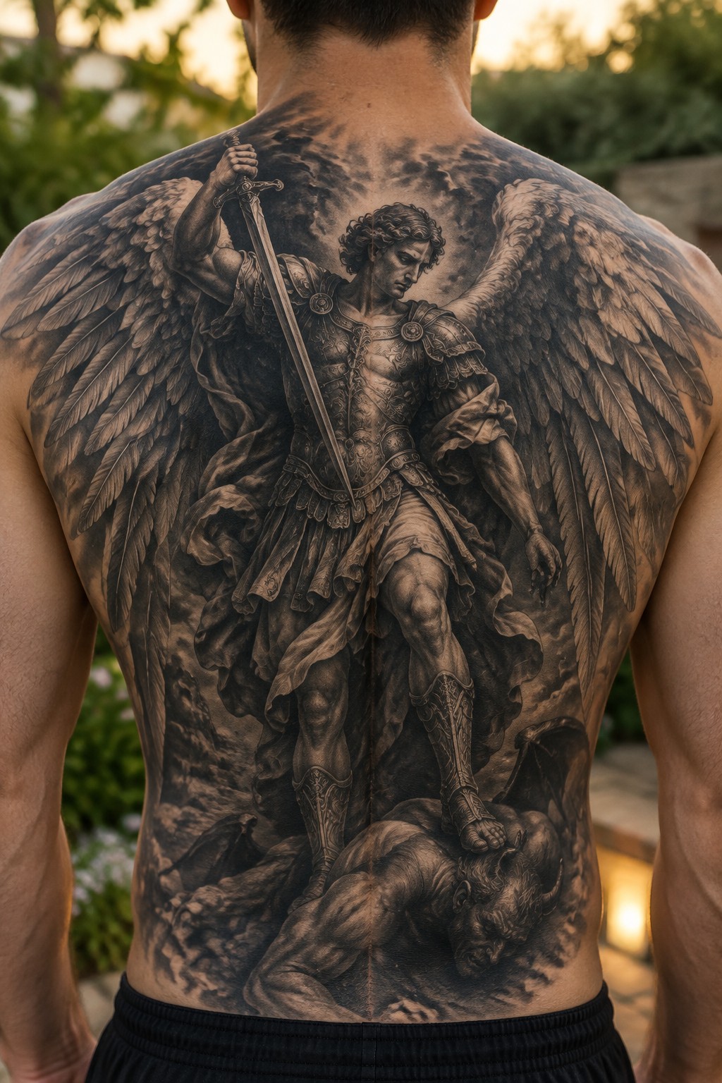 Muscular man's back covered in large black-and-gray tattoo of winged angel defeating demon