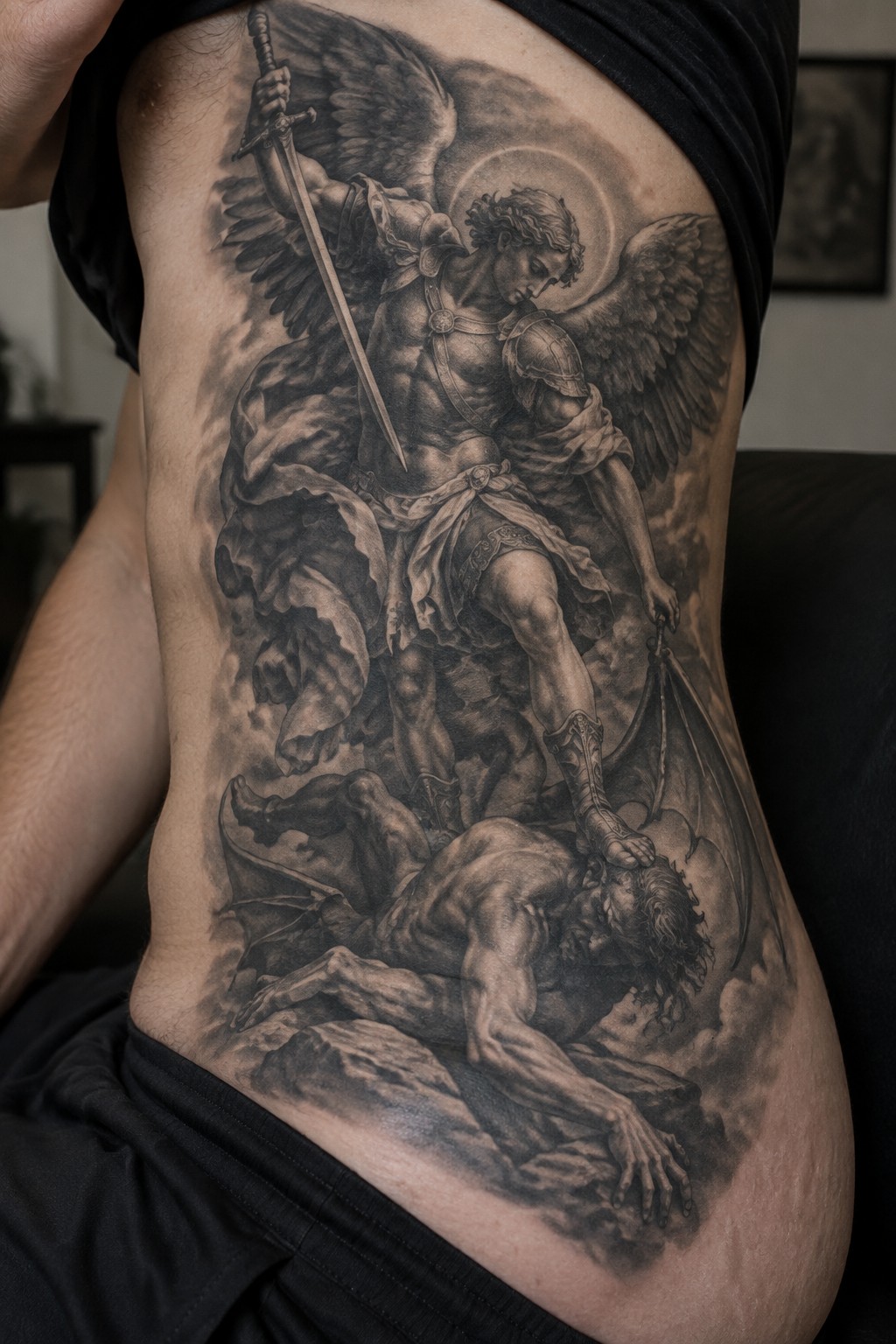 Black and gray realistic tattoo of winged angel with sword defeating demon on torso