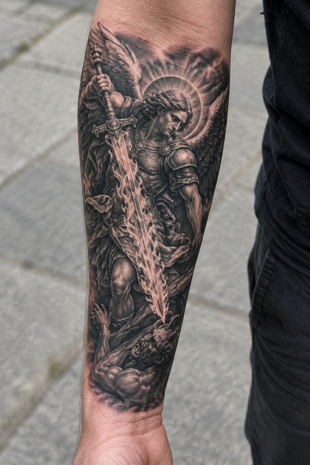 Black and gray forearm tattoo of winged angel with flaming sword over demon