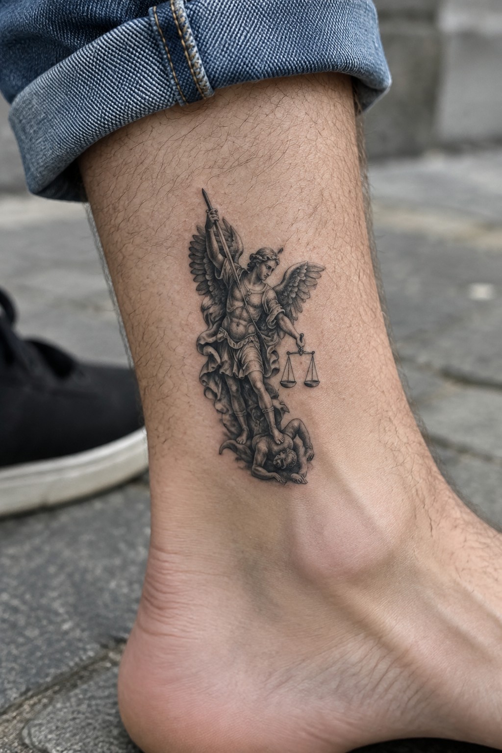 Blue denim cuff above detailed black-and-gray angel tattoo on ankle with black shoe nearby