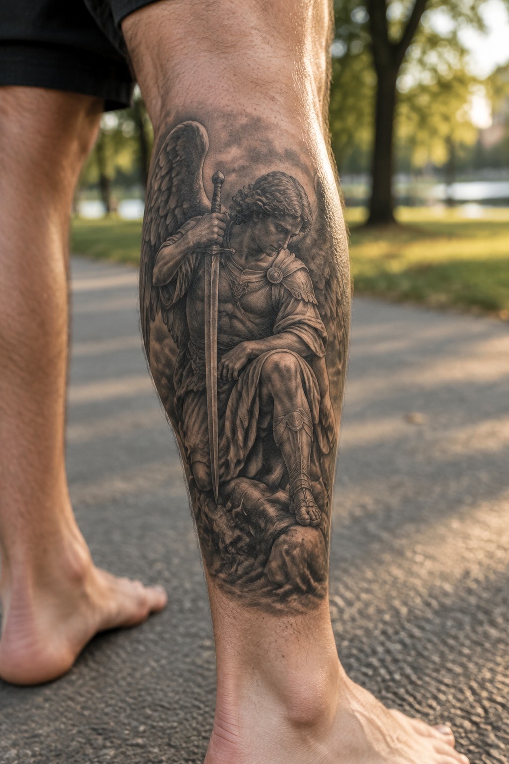Black and gray realism tattoo of Archangel Michael seated with a sword on a man's calf