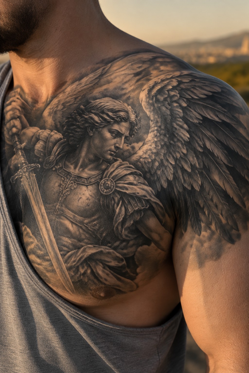 Man in gray tank top with large black-and-gray winged angel tattoo holding sword.
