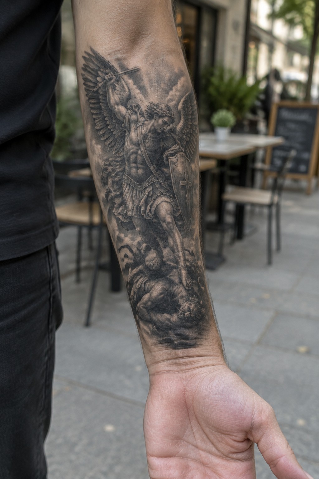 Black t-shirt sleeve on arm with detailed grayscale angel battling demon tattoo outdoors