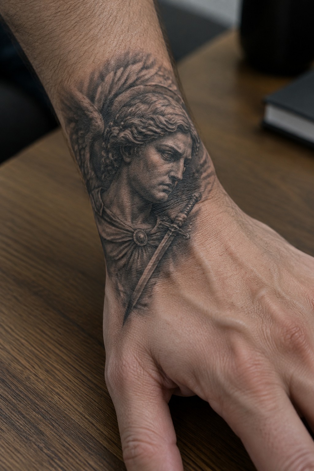 Black and gray realistic tattoo of winged angel with sword on wrist
