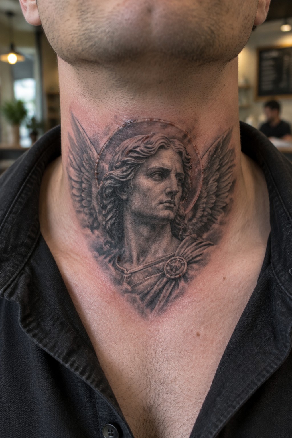 Intricate black-and-gray angel tattoo with wings and halo on neck and chest