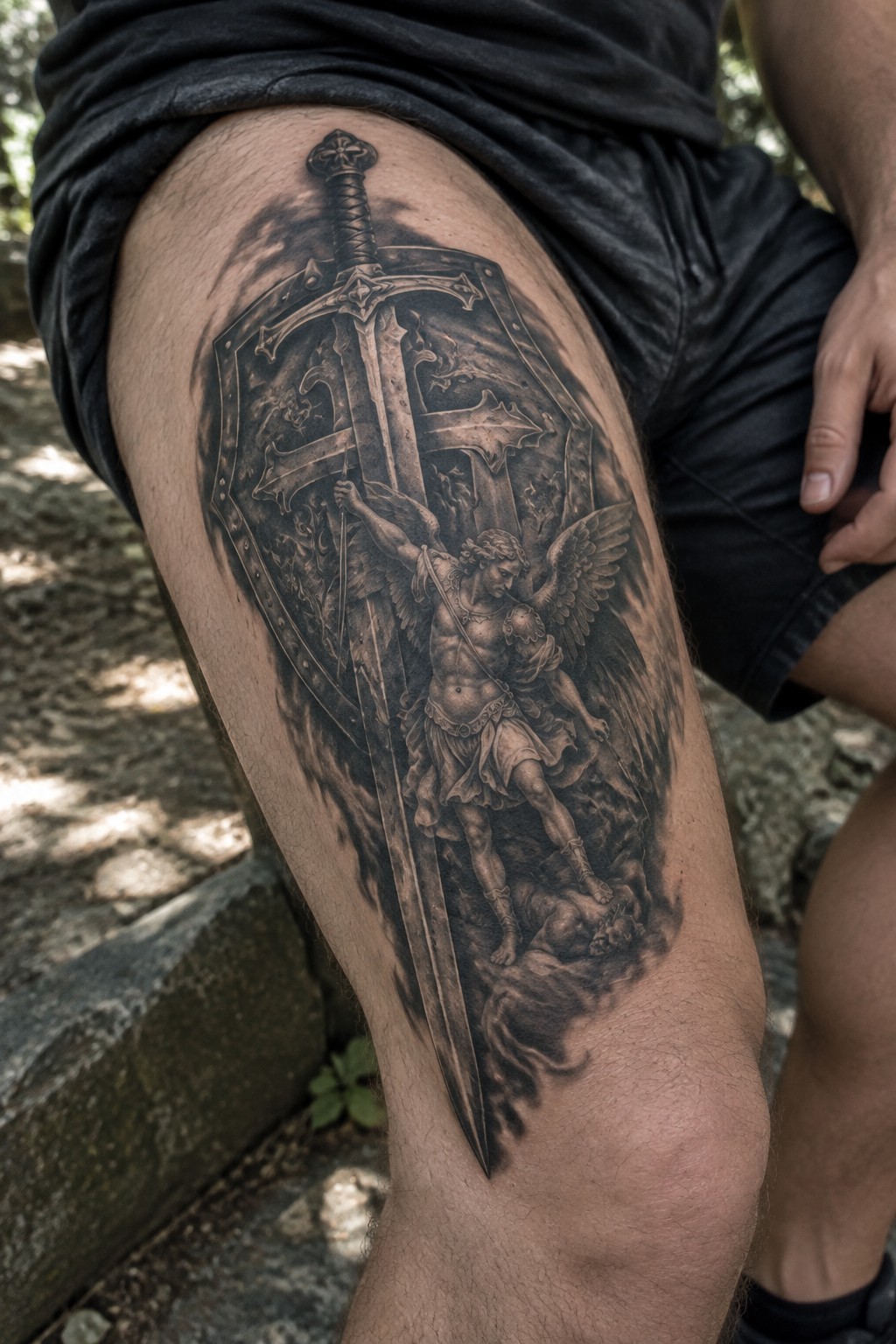 Black and gray thigh tattoo of winged angel with sword and shield