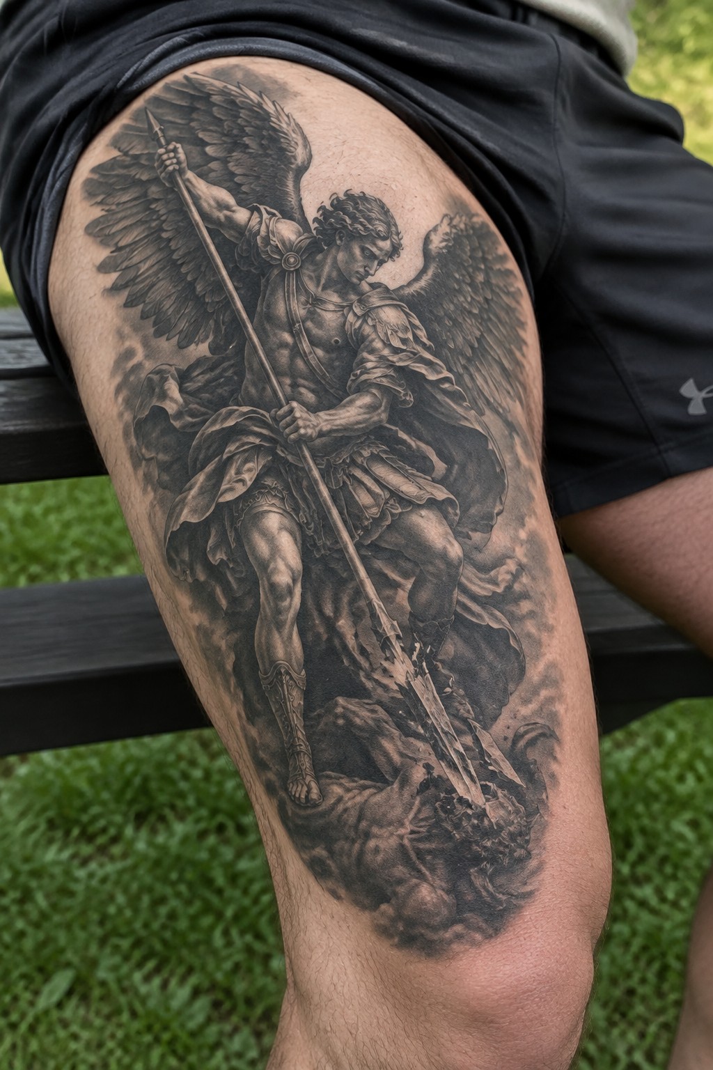 Detailed black-and-gray tattoo of winged angel with spear on thigh