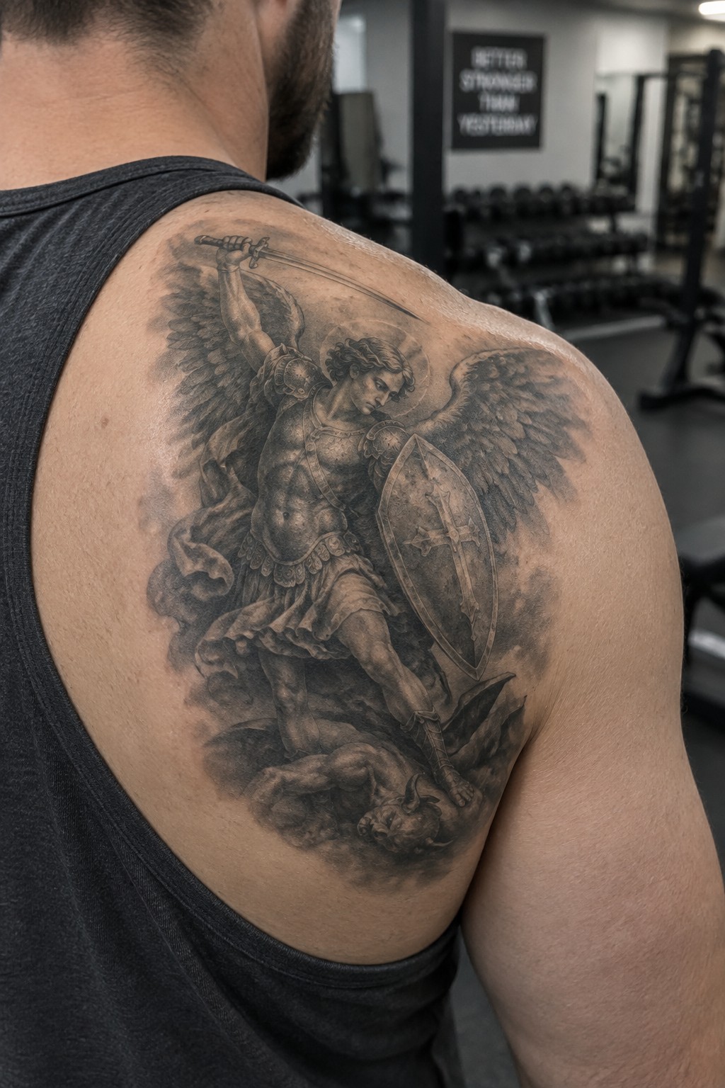 Muscular man in black tank top shows large angel-with-sword-and-shield tattoo over demon on back.