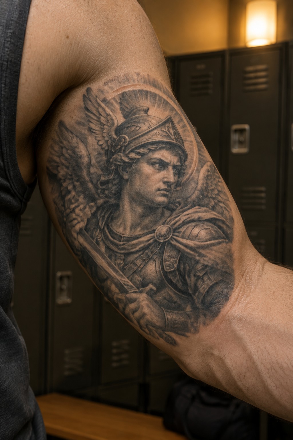 Muscular arm with detailed black-and-gray tattoo of winged armored warrior holding sword in locker room
