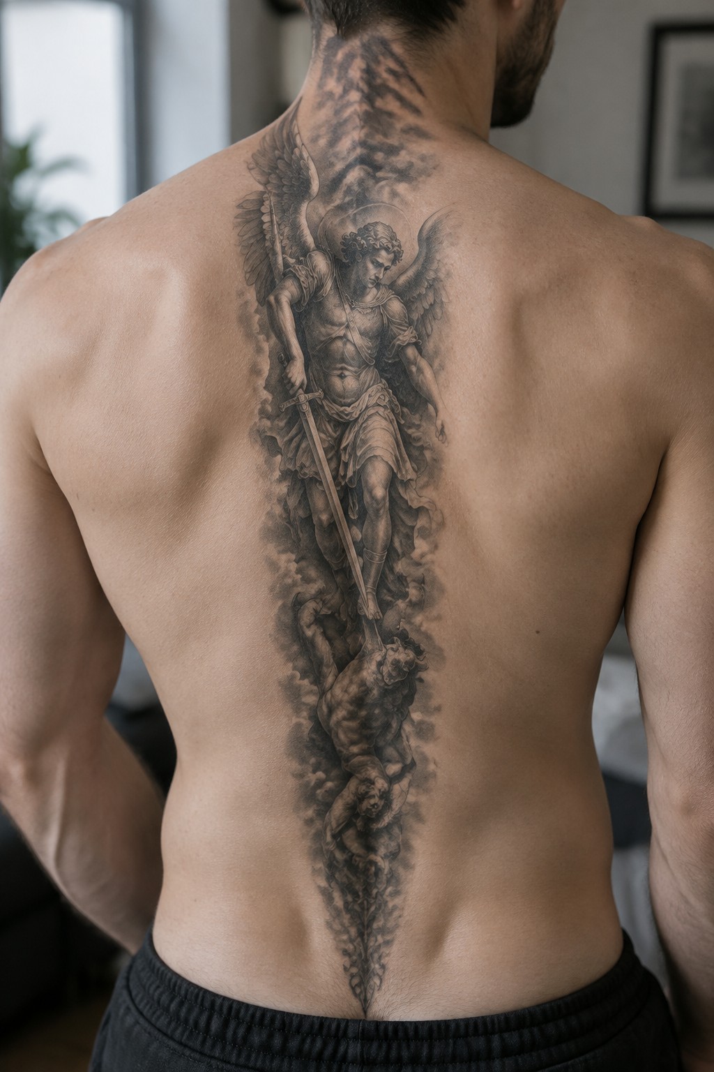 Black and gray realism tattoo of Archangel Michael with wings and sword standing over a demon, covering a man's full back from neck to lower spine.
