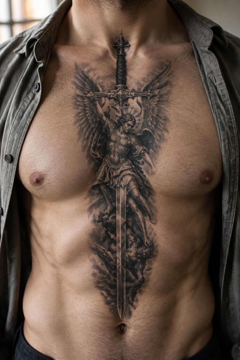 Muscular torso with open gray shirt and large black-and-gray angel sword tattoo
