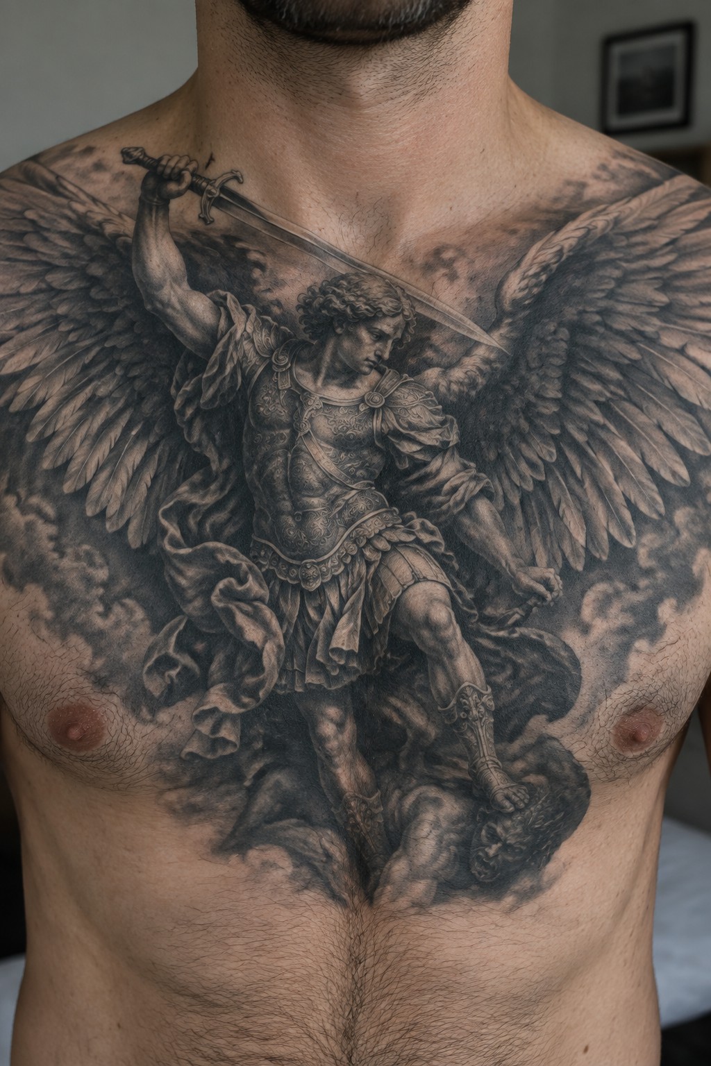 Large black and gray tattoo of winged armored angel with sword on man's chest