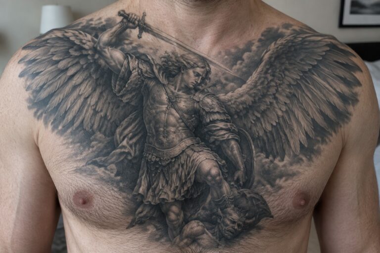 22 Powerful Archangel Michael Tattoos for Men in Black-and-Gray Realism Large black and gray tattoo of winged armored angel with sword on man's chest