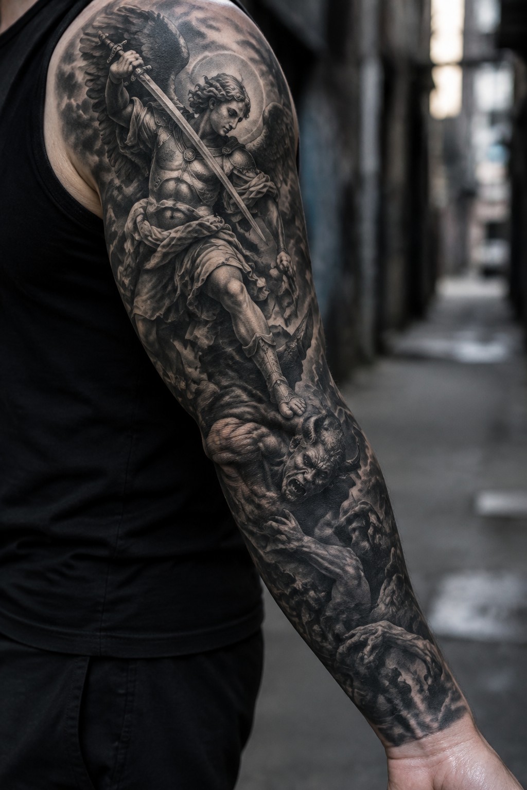 Black tank top arm with grayscale tattoo of angel battling horned demon with sword