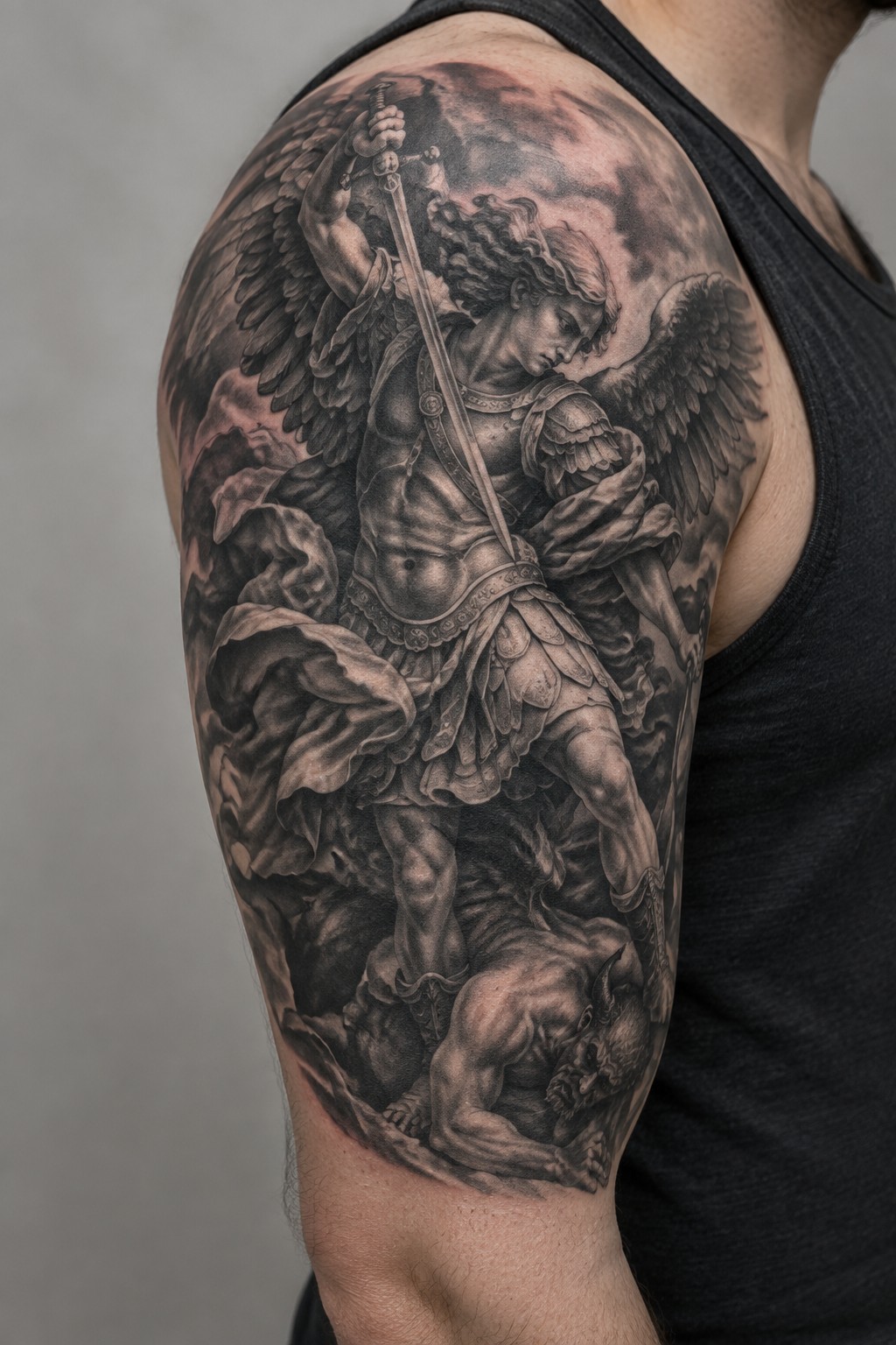 Black and gray realistic tattoo of winged angel warrior defeating demon on arm