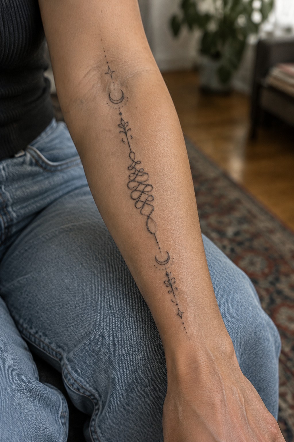A delicate black ink unalome tattoo with crescent moons, stars, and fine line details running vertically along the inner forearm.