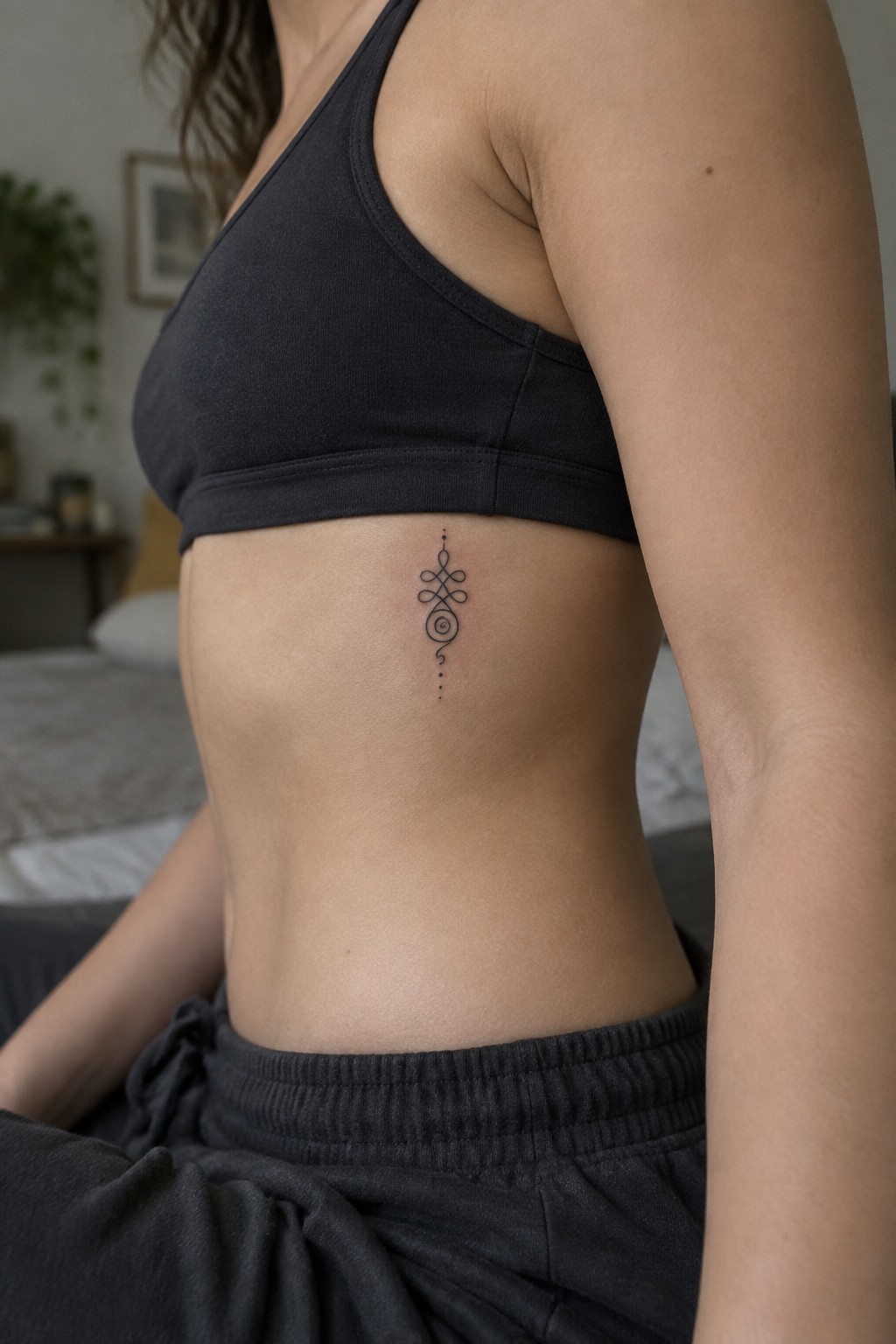 Woman's torso in black crop top with intricate swirl tattoo on ribs.