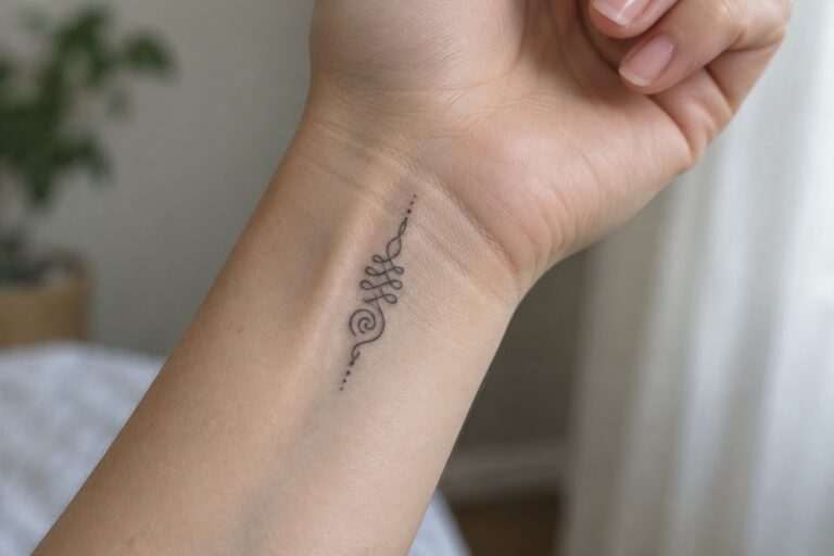 22 Refined Unalome-Inspired Tattoos for Women Using Delicate Linework Small unalome tattoo with delicate linework placed vertically on the inner wrist.