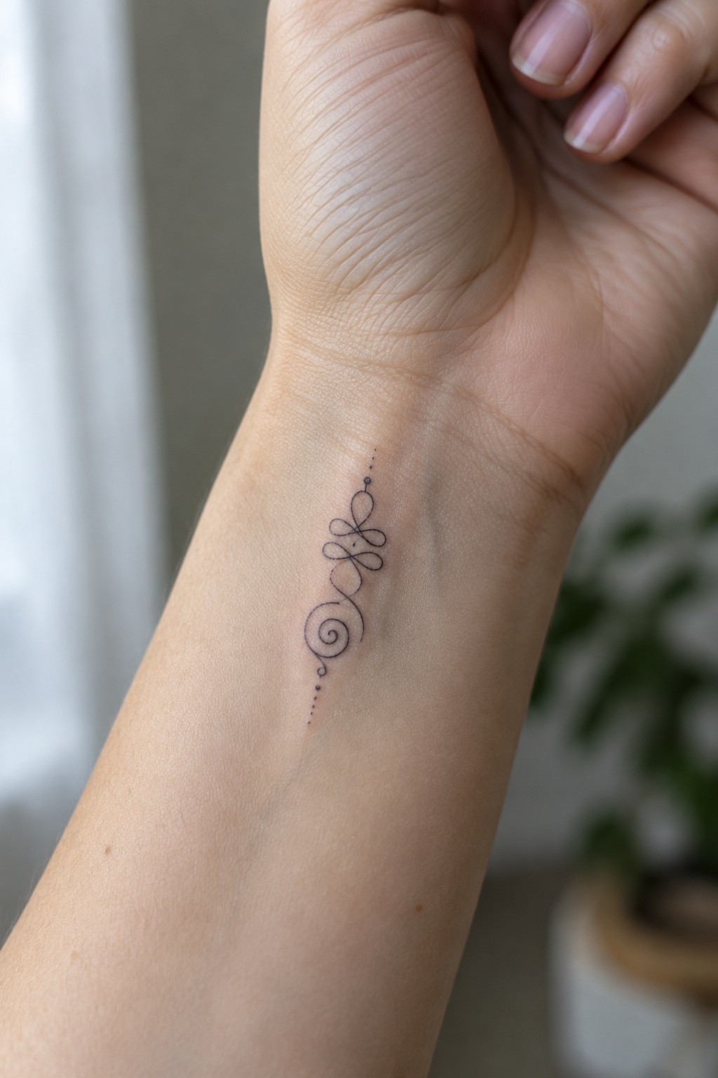 Small unalome tattoo with delicate linework placed vertically on the inner wrist.