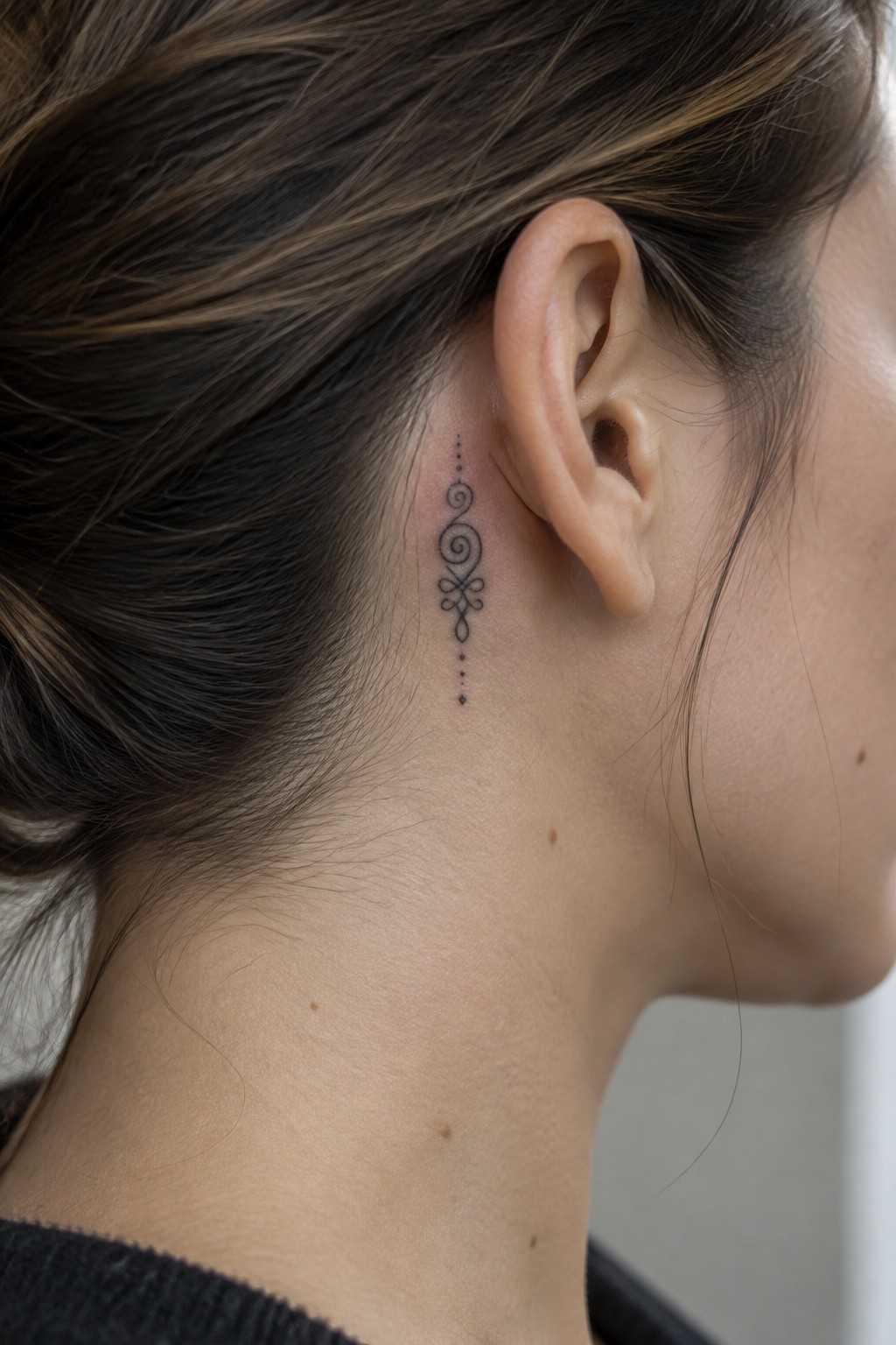 Woman's neck with black ornamental swirl tattoo behind ear and brown hair in bun