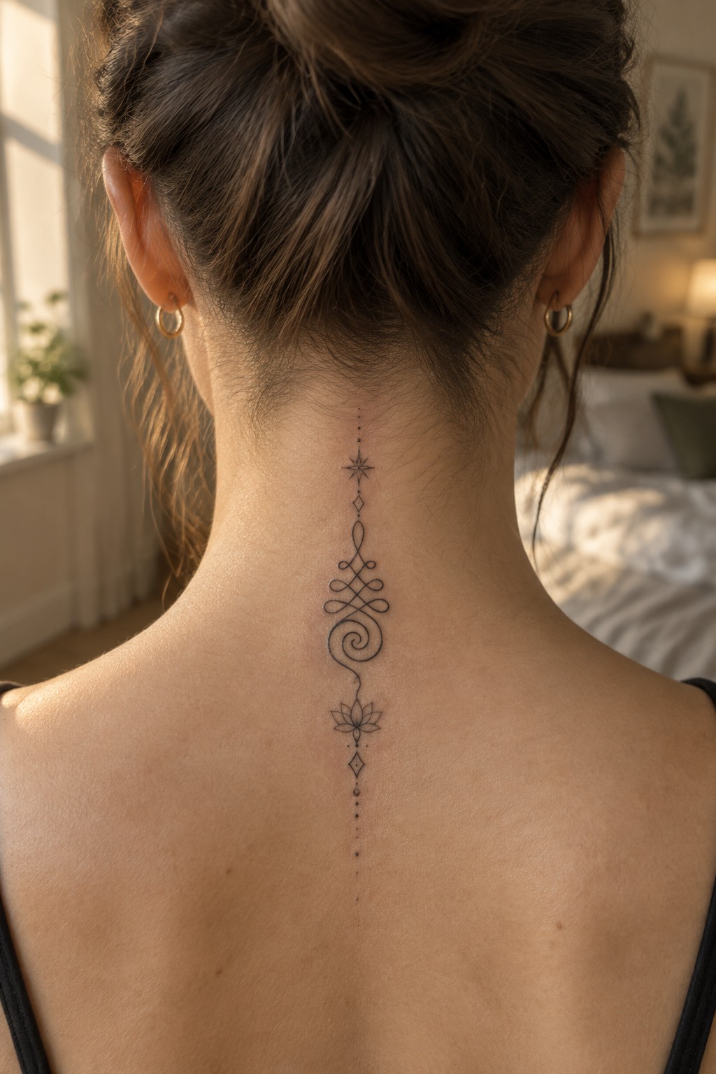 Woman's neck with vertical tattoo of star, swirls, lotus, and dotted lines.